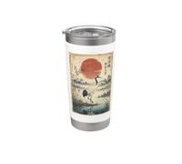 Grulla Y Sol Rojo Bloque De Madera Japonés Arte Tradicional Vaso térmico de acero inoxidable de doble pared