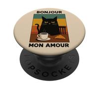 Grumpy French Black Cat Bonjour Café Retro PopSockets PopGrip Adhesivo