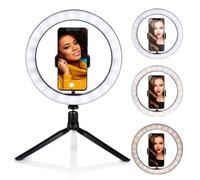 Grundig Anillo de luz en trípode - Anillo de luz para Selfie - 25 cm - 3 Colores de luz - 11 Niveles de Brillo - Cuello Flexible - Manejo en el Cable - Recargable por USB - Soporte para teléfono -
