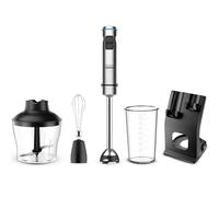 Grunkel - Batidora de Mano 1500W Acero Inoxidable y 4 Cuchillas Titanio, Vaso incluido y Opción de Accesorios con Varilla, Picadora y Soporte. Encaje Metálico y Base de Silicona (1500 W y Accesorios)