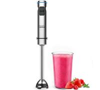 Grunkel - Batidora de Mano 1500W de Acero Inoxidable con 4 Cuchillas de Titanio, Vaso Medidor 800ml Incluido, Diseño Ergonómico, Función Turbo, Color Plateado