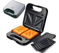 Grunkel - Sandwichera con Grill para 2 sandwiches con corte. Superficie antideslizante y antiadherente de 750W de potencia y tacto frío (Corte Cuadrado Blanca) (Acero, Multi)