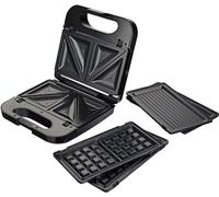 Grunkel - Sandwichera con placas intercambiables (2 sandwiches con corte, grill y 2 gofres). Superficie antideslizante y antiadherente de 850W de potencia y tacto frío. Color acero inoxidable.