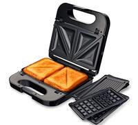 Grunkel - Sandwichera con placas intercambiables (2 sandwiches con corte, grill y 2 gofres). Superficie antideslizante y antiadherente de 850W de potencia y tacto frío. Color acero inoxidable.