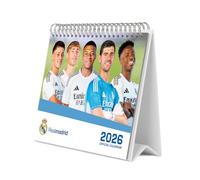 Grupo Erik Calendario Real Madrid sobremesa 2026 - Almanaque de mesa 2026 Con espacio para Anotar, Vista Mensual global, Ilustraciones y Base resistente (19,5 x 16,5cm)