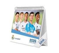 Grupo Erik Calendario Real Madrid sobremesa 2026 - Almanaque de mesa 2026 Con espacio para Anotar, Vista Mensual global, Ilustraciones y Base resistente (19,5 x 16,5cm)