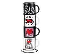 Grupo Erik Juego Tazas de Café Keith Haring - 4 Tazas Originales | para regalar para desayuno (300ml) Aptas Lavavajillas y Microondas, Incluye soporte
