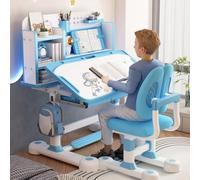 Gryphvex Juego de Escritorio y Silla Infantil Ajustable en Altura, Mesa de Estudio Ergonómica con Cajón, Escritorio para Escritura, Lectura y Manualidades, Niños de 3 a 18 Años, Rosa/Azul (Azul)
