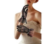GRYUIRY Guantes cortos de malla de encaje con borde de tul con perlas para boda, ópera, fiesta de té, guantes formales para mujer, Negro -, Talla única