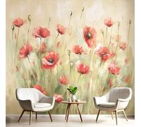 GSAEIMCT Art Papel Tapiz Fotográfico Amapolas De Pradera Papel Pintado Pintura Al Óleo Antigua Seda 300X210Cm Pared Sala Cuarto Póster Rojo Y Verde