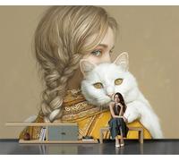 GSAEIMCT Art Papel Tapiz Fotográfico Chica Gato Blanca Papel Pintado Ilustraciones De Dibujos Animados Seda 450X300Cm Pared Sala Cuarto Póster Amarillo