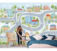 GSAEIMCT Art Papel Tapiz Fotográfico Ciudad De La Carretera Papel Pintado Mapa De Dibujos Animados Seda 450X300Cm Pared Sala Cuarto Póster Gris