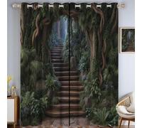GSAEIMCT Cortinas Opacas Ventanas Salon Verde Oscuro Sendero De La Selva Tropical 2 Piezas 3D Patrón Sistema Secreto del Bosque Habitacion Infantil Decoración para Dormitorio Termicas R 107 X 160 Cm