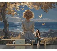 GSAEIMCT Fotomurales Chica De Otoño Papel Pintado Seda Pintura Al Óleo Onírica Diseno Fotográfico Decoración De Pared Sala Cuarto Oficina Salón Amarillo Azul Papel Pintado 300X210Cm