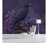GSAEIMCT Papel Pintado Panorámico 3D Seda,250X170Cm Negro Violáceo Libros,Flores,Cuervos. Gran Pared,Animales Naturales Para Sala De Estar,Habitación Infantil,Decoración Póster De Papel Pintado
