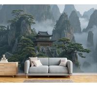 GSAEIMCT Papel Pintado Panorámico 3D Seda,300X210Cm Gris Verdoso Templo De La Montaña Gran Pared,Misterio Clásico Para Sala De Estar,Habitación Infantil,Decoración Póster De Papel Pintado