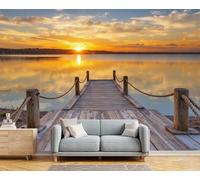 GSAEIMCT Papel Pintado Panorámico 3D Seda,350X260Cm Naranja Puente De Madera Al Atardecer Gran Pared,Tranquilidad Armonía Para Sala De Estar,Habitación Infantil,Decoración Póster De Papel Pintado