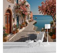 GSAEIMCT Papel Pintado Panorámico 3D Seda,400X280Cm Azul Edificios Calles Gran Pared,Santorini,Grecia Para Sala De Estar,Habitación Infantil,Decoración Póster De Papel Pintado