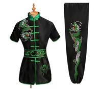 GSCLZ Uniforme Tradicional de Wushu con dragón for Hombre y Mujer, Conjunto de Ropa de Kung Fu, Uniforme de Artes Marciales, Tai Chi(Black Green,130 cm)
