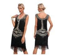 GSCLZ Vestido de Mujer for Baile, Cuello Redondo, Lentejuelas, borlas y Cuentas, Chaleco, Falda For CóCtel, Fiesta De GraduacióN Y Baile(Black Gold,L)