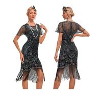 GSCLZ Vestido Estilo Flapper Vintage con Lentejuelas, Ideal for cócteles, Bodas, Bailes y borlas For CóCtel, Fiesta De GraduacióN Y Baile(Black Silver,XL)
