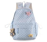 GSenhui Mochila de nailon con diseño de lunares con colgante de peluche, mochila escolar ligera para mujer y niña, bonita mochila informal para el día a día, tiempo libre, campus, azul