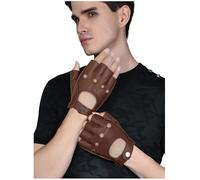 GSG SINCE 1998 Guantes piel hombre sin dedos - Medio dedo en piel de oveja, palma ventilada, sin forro, transpirables, para conducir, ciclismo y moto, Marrón L