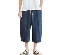 Gsheocm Bañador largo para hombre de algodón y lino, pantalones pirata holgados, pantalones harén con cordón, yoga, playa, bañador, neopreno, para hombre, marine, M
