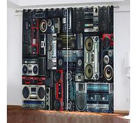 GSKOQD Cortinas Cocina Térmicas Aislantes - Cortinas Opacas De Dormitorio Y Salón - Cortinas Habitacion con Ollaos, 2 Piezas 264X240Cm（An X Al） 3D Reproductor De Música Retro