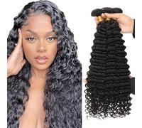 Gsoroel 26 28 30 Inch Deep Wave Bundles Human Hair Extension Brazilian Virgin Hair Minimal Shedding For Women Unprocessed Bundles #1B Natural Black Color 3 Bundles Total 300g