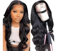 Gsoroel 34 Inch Cabello Humano 13x6 Swiss Lace Front Wig Body Wave Glueless Wig 1B Natural Black Brazilian Virgin Human Hair Pre Plucked With Natural Hairline