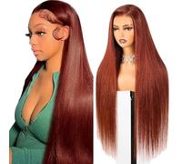 Gsoroel Cabello Humano 13x6 Swiss Lace Front Wig Straight Glueless Wig #33 Reddish Brown Brazilian Virgin Human Hair Pre Plucked With Natural Hairline 14 Inch