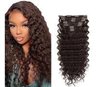 Gsoroel Extensiones de cabello humano con clip en ondas profundas, extensiones de cabello humano para mujer, extensiones de cabello humano #4 marrón chocolate paquetes con una cobertura mínima para
