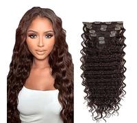 Gsoroel Extensiones de cabello humano con clip en ondas profundas, extensiones de cabello humano para mujer, extensiones de cabello humano #4 marrón chocolate paquetes con una cobertura mínima para