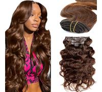 Gsoroel Extensiones de pelo humano con clip de onda corporal, extensiones de cabello humano para mujer, extensiones de cabello humano #4 marrón chocolate paquetes con una cobertura mínima para mujeres
