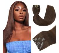 Gsoroel Extensiones de pelo humano recto con clip para mujer, extensiones de cabello humano, #4 paquetes de cabello humano marrón chocolate con una cobertura mínima para mujeres de 16 pulgadas