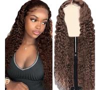Gsoroel Parrucche Capelli Veri 13x4 Swiss Lace Front Human Hair Wig Deep Wave Glueless Wig #4 Chocolate Brown Brazilian Virgin Hair Pre Plucked With Natural Hairline 34 Inch