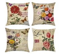 Gspirit 4 Pack clásico Las Flores Rosa Algodón Lino Throw Pillow Case Funda de Almohada para Cojín 45x45 cm