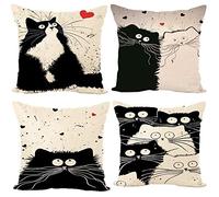 Gspirit 4 Pack Gato Algodón Lino Decorativo Throw Pillow Case Funda de Almohada para Cojín 45x45 cm