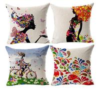 Gspirit 4 Pack Niña Flor Algodón Lino Throw Pillow Case Funda de Almohada para Cojín 45x45 cm