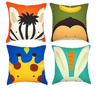 Gspirit 4 Pack Niños Linda Caricatura Animal Algodón Lino Throw Pillow Case Funda de Almohada para Cojín 45x45 cm