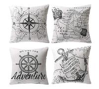 Gspirit 4 Pack Oceano Serie Brújula Mapa Ancla Navegación Algodón Lino Throw Pillow Case Funda de Almohada para Cojín 45x45 cm