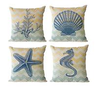 Gspirit 4 Pack Oceano Tema Acuario Algodón Lino Throw Pillow Case Funda de Almohada para Cojín 45x45 cm (C)