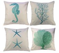 Gspirit 4 Pack Oceano Tema Acuario Algodón Lino Throw Pillow Case Funda de Almohada para Cojín 45x45 cm (B)