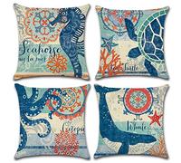 Gspirit 4 Pack Oceano Tema Acuario Algodón Lino Throw Pillow Case Funda de Almohada para Cojín 45x45 cm (A)