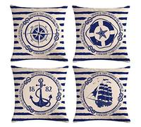 Gspirit 4 Pack Oceano Vela Ancla Navegación Brújula Salvavidas Algodón Lino Throw Pillow Case Funda de Almohada para Cojín 45x45 cm