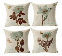 Gspirit 4 Pack Retro Flor Algodón Lino Throw Pillow Case Funda Estampada de Almohada para Cojín 45x45 cm