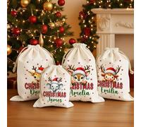 GSTFY Bolsas de regalo de Navidad personalizadas con cordón, de lona, diseño de animales de dibujos animados, bolsas de regalo para envolver nombres, regalos de Papá Noel, sacos de Navidad, regalos de