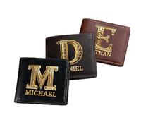 GSTFY Cartera personalizada para hombre, con nombre dorado e inicial, de piel sintética, plegable, para el día del padre, aniversario, Navidad, cumpleaños, regalo para novio, marido, papá, abuelo