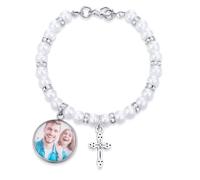 GSTFY Pulsera elástica personalizada de 1 a 5 fotos con cuentas de cruz con dije de imagen, joyería religiosa cristiana, regalos para ahijados, cristianos, familia, mujeres y hombres